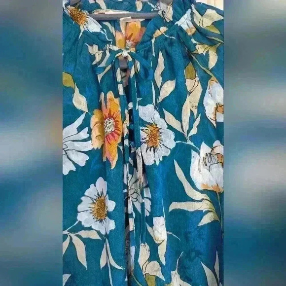 LOVESTICH Love Stitch Women's Med Boho Long Sleeve Blue Green Floral Blouse - Picture 5 of 11